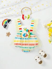 Baby Girl's Striped Cartoon Caterpillar Printed Bodysuit With Mesh Ruffle Trimmed Straps, Spring/Summer - Multicolor - View 1