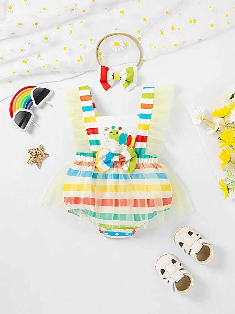 Baby Girl's Striped Cartoon Caterpillar Printed Bodysuit With Mesh Ruffle Trimmed Straps, Spring/Summer