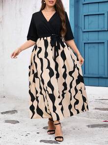 SHEIN Clasi Plus Size Color Block V-Neck Spring Summer A-Line Dress - Apricot - View 3