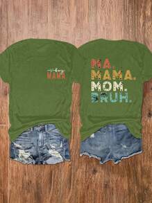 Flirla 女式大码休闲短袖夏季 T 恤，带字母图案 - 墨綠色 - 查看 1