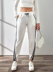 Contrast Side Seam Drawstring Waist Contrast Side Seam Sweatpants - White - View 1