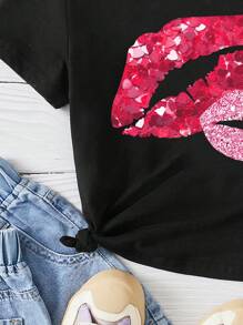 SHEIN Áo thun tay ngắn họa tiết đôi môi thường ngày cho bé gái, 95% cotton, phù hợp cho mùa hè, Ngày của mẹ (Bộ đôi mẹ và con, bán riêng 2 chiếc) - màu đen - Xem 4