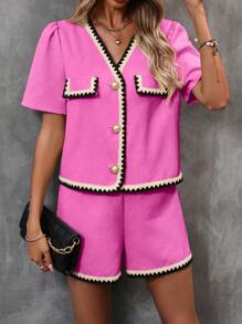 SHEIN Clasi Women's Color Block Hem Detail Short Sleeve Top And Shorts Two-Piece Set - Hot Pink - View 3