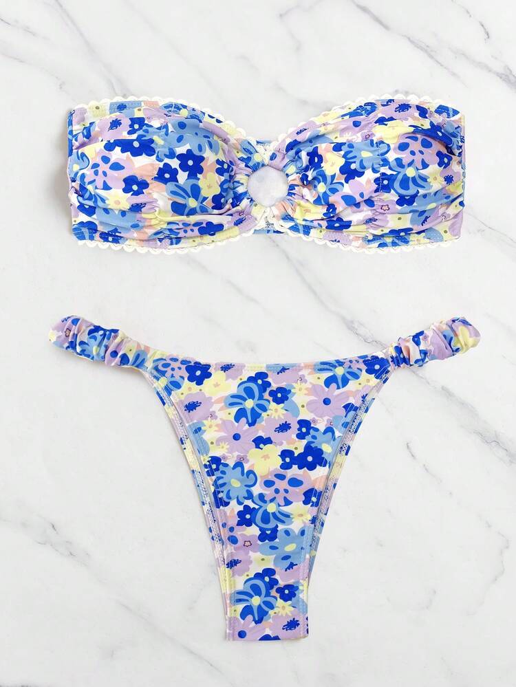 Summer Floral Print Bandeau Bikini Set For Women, Random Print For Beach Vacations
