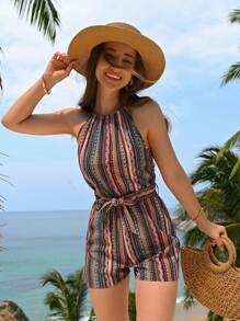 SHEIN Thiếu niên cô gái Dệt Sọc đầy màu sắc Áo liền quần Dây thắt cổ - Nhiều màu - Xem 6