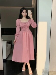 DAZY 女士實色方領氣泡袖腰帶束腰裙 - 珊瑚粉 - 查看 3