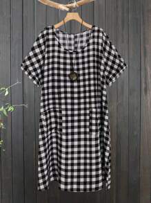 EMERY ROSE Kích thước lớn Kẻ sọc Vòng cổ Ngắn tay Mùa hè Đầm - Đen và trắng - Xem 1