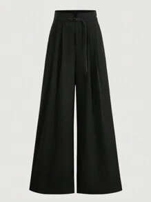 SHEIN Privé 女款黑色高腰阔腿裤 黑色裤子 黑色阔腿裤 腰部接缝V字扣 夏季裤子 休闲裤 有口袋 松紧腰带 旗袍纽扣 适合日常 通勤 度假 约会 郊游 - 黑色 - 查看 1