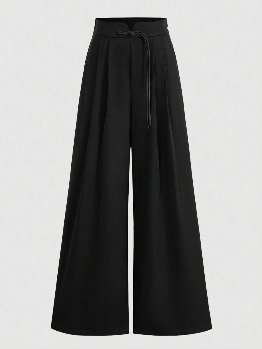 SHEIN Privé 女款黑色高腰阔腿裤 黑色裤子 黑色阔腿裤 腰部接缝V字扣 夏季裤子 休闲裤 有口袋 松紧腰带 旗袍纽扣 适合日常 通勤 度假 约会 郊游 - 黑色 - 查看 1
