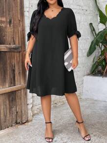 Calvaya 鬆身大尺碼夏季休閒洋裝,帶有扇貝邊緣 - 黑色 - 查看 5