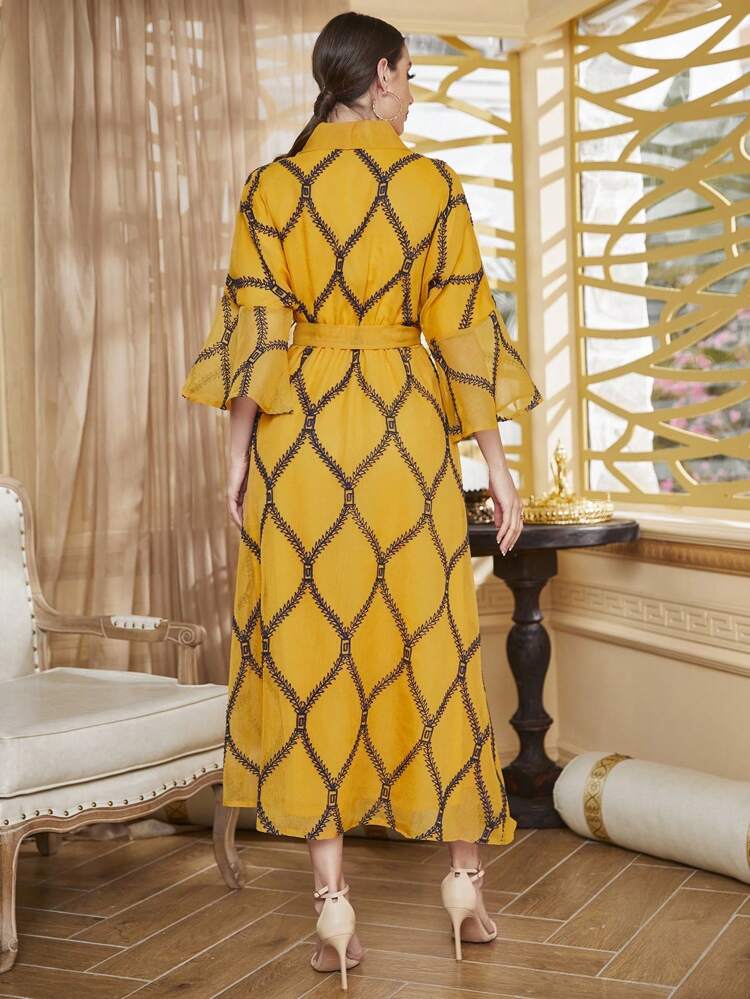 Women's Geometric Print Long Kaftan With Bell Sleeves - Arabic Traditional Dress