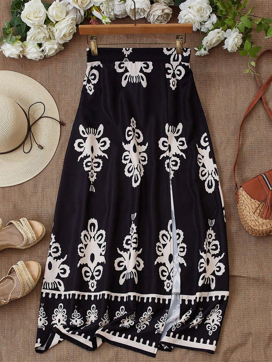 SHEIN LUNE 女士时尚印花高开叉长裙女装 - 黑色 - 查看 1