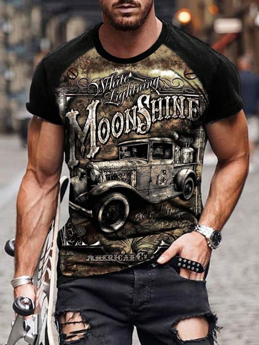 Herren Mode Lässig Raglan Ärmel Retro Bedrucktes Slim Fit T-Shirt - Schwarz - Übersicht 1