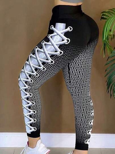 EMERY ROSE Plus Size Women's Printed Leggings With Digital Chain Pattern And Elastic Band Fall Cloth For Women