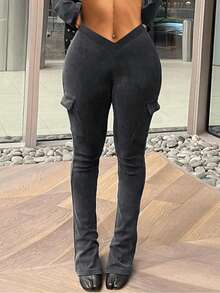 SHEIN Coolane High-Waisted V-Cut Tight-Fit Flared Pants With Side Slit - Black - View 3