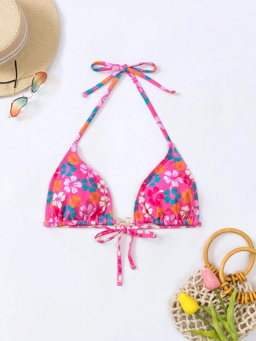 SHEIN Swim Summer Beach Floral Print Halter Bikini Top - Hot Pink - View 1
