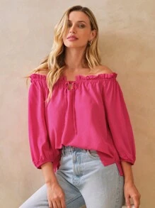 SHEIN Cà vạt Viền Ruffle Áo sơ mi - Màu Hồng Tươi - Xem 2