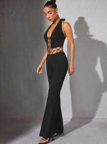 Hauture Embellished Linked Halter Jumpsuit, Minimalist Style Suitable For Summer - Black - View 4