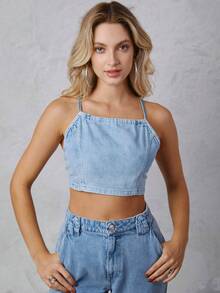 SHEIN 輕度水洗藍牛仔後背繫帶吊帶上衣 - 藍色 - 查看 5