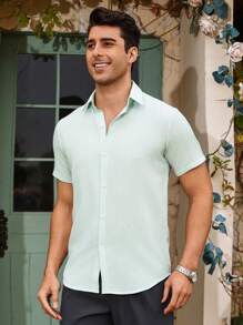 Manfinity Homme Nam Textured Ngắn tay Áo sơ mi Cho mùa hè - Màu xanh Bạc hà - Xem 5