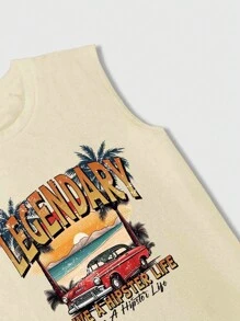 Manfinity RSRT Men's Summer Seaside Scenery & Letter Print Wide Strap Tank Top - Khaki - View 5