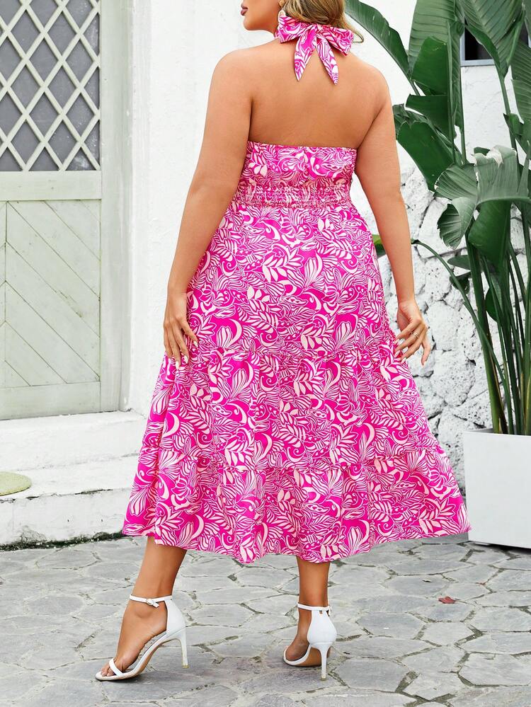 Plus Size Women's Tropical Plant Printed Halter Neck Hollow Out Cross Waist Mini Dress