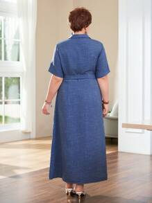 EMERY ROSE Plus Size Women's Short Sleeve Solid Color Shirt Dress For Summer - Blue - View 2