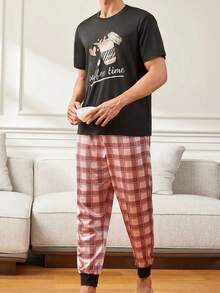 男士咖啡圖案短袖t恤居家套裝 - 彩色 - 查看 4