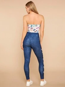 FRIENDS X SHEIN 休闲字母印花牛仔效果蓝色弹力高腰紧身裤 - 藍色 - 查看 2