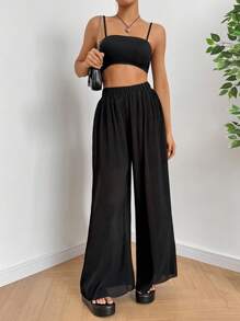 SHEIN EZwear Của phụ nữ Mùa hè Màu thuần Top Cây trồng Áo ba lỗ Và Quần ống rộng Giải trí 2 Miếng - màu đen - Xem 3