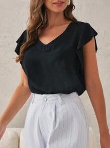 SHE(IN) BRASIL Solid Butterfly Sleeve V Neck Blouse - Black - View 5