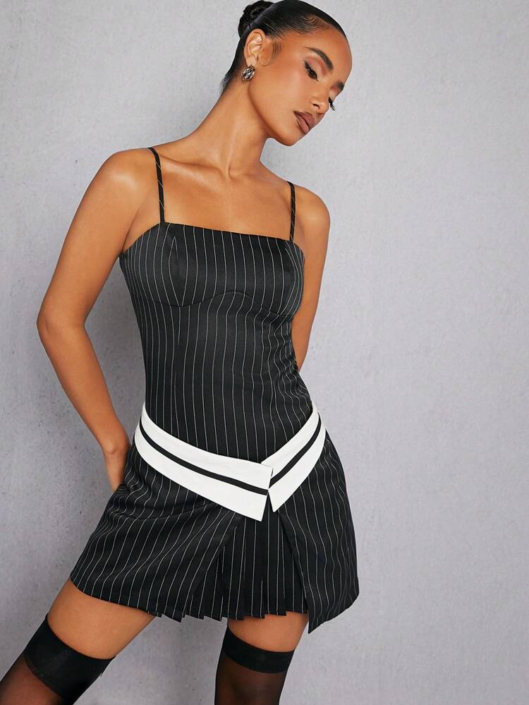 Pinstripe Contrast Waist Split Dress