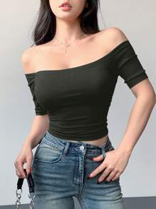 DAZY Áo crop top tay ngắn hở vai màu trơn thiết kế hở vai cho nữ mùa hè - xanh quân đội - Xem 4