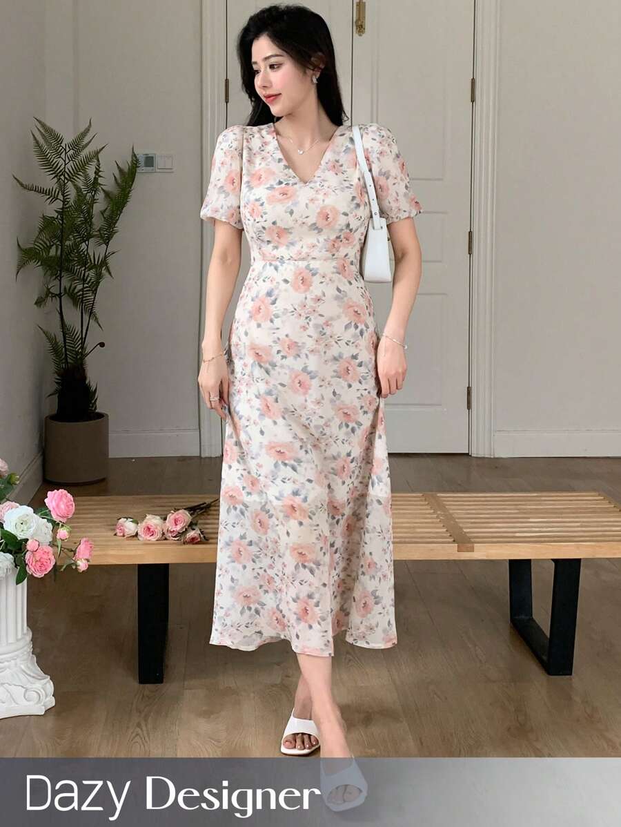Dazy Designer Mùa hè giản dị Hoa In Cổ chữ V Váy bodycon - trái cam - Xem 1