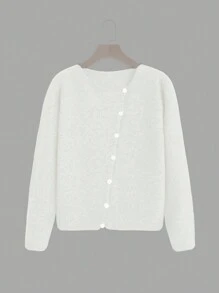 SHEIN Unity Của phụ nữ Màu thuần Không đối xứng Nút Giải trí Áo len Mở - trắng - Xem 3