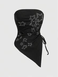 ROMWE Grunge Punk 大码女式不对称露肩上衣，带星形水钻和抽绳下摆，适合朋克音乐节、夏季、学校、狂欢节