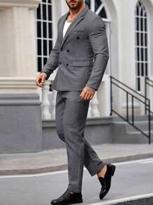 Manfinity Mode Men'S Double-Breasted Suit Set With Lapel Collar - Dark Grey - View 4