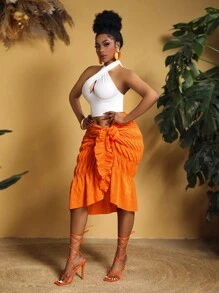 Slaydiva 大尺碼女士彩色拼接十字背心領上衣和裙子沙灘假期套裝 - 彩色 - 查看 4