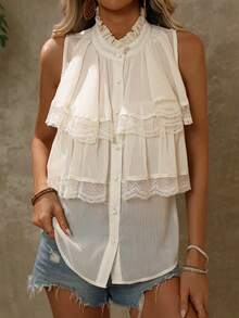 SHEIN VCAY Blusa casual de mujer de gasa con pliegues y encaje, sin mangas, de unicolor, para primavera/verano - Albaricoque - Ver 5