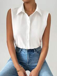 Chiquease Của phụ nữ Mùa hè Màu thuần Không tay Áo sơ mi Bodysuit - trắng - Xem 1