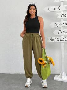 SHEIN EZwear 女士加大尺碼高彈性針織純色夏季背心上衣 - 黑色 - 查看 3