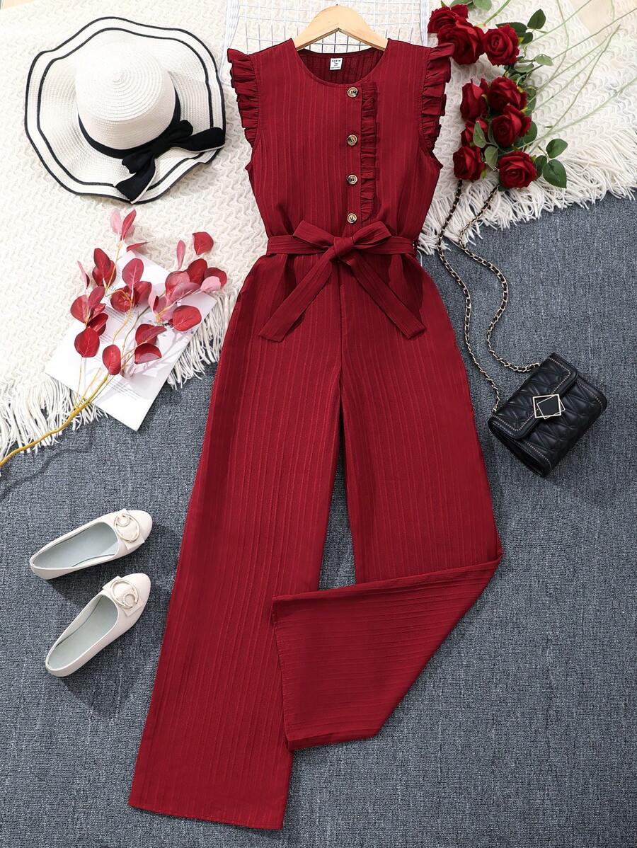 Teen Girl Solid Color Tube Top Jumpsuit With Shoulder Straps Summer Holiday - Burgundy - View 1