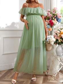 SHEIN Maternity Elegant Romantic Double Layered Ruffle Sleeve Dress, Suitable For Gender Reveal Party - Olive Green - View 1