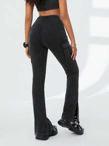 SHEIN Coolane High-Waisted V-Cut Tight-Fit Flared Pants With Side Slit - Black - View 2