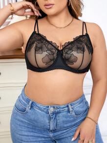 Plus Size Elegant Mesh Embroidery Underwire Design Bra (1pc) Lingerie
