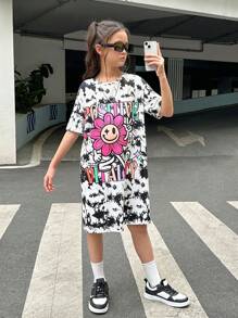 SHEIN Tween Girls' Cool And Sweet Sports Tie Dye Knitted Short Sleeve Dress For Spring/Summer - Multicolor - View 4