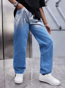 SHEIN Tween Boy Metallic Casual Fashionable Washed Denim Jeans - Multicolor - View 3