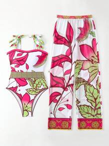 Swim Oasis Summer Beach & Pool Plant Printed One-Piece Swimsuit With Cover-Up Long Pants Set - Multicolor - View 3