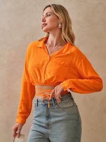 Shein Camisa Feminina Viscose Manga Longa Cropped - Coral - Visão 3