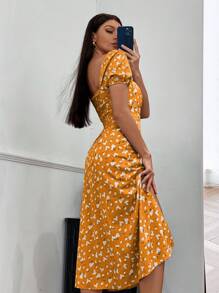 GENKIRA Váy ngắn tay xẻ cao in hoa bong bóng cho nữ - trái cam - Xem 2